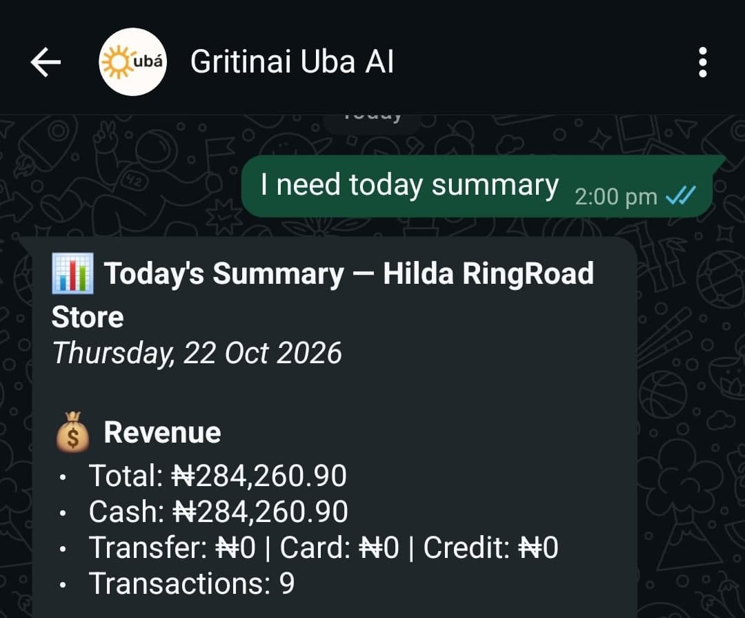 Ubá WhatsApp business alerts and customer receipts